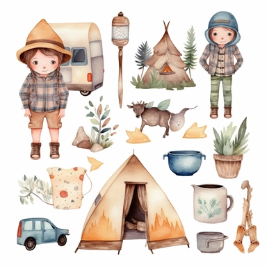 Watercolor boho camping illustrations clipart set, simple, soft colors, cartoon elements, different variants, cute little boy, tent, campervan, camping related items, pots, bonfire, , separate elements with a margin