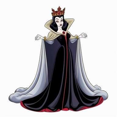 2d thick-lined clipart illustration of an evil but beautiful countess, in the style of 1959's sleeping beauty movie, white background