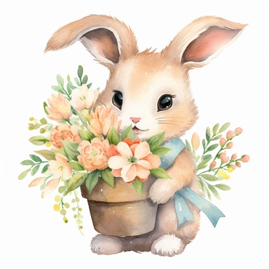 A heartwarming and enchanting collection of watercolor bunny holding flowers clipart, featuring adorable hand-painted bunnies lovingly cradling bouquets of lush flowers. Each bunny is rendered in soft, natural hues that showcase their delightful expressions and fluffy fur. The artist skillfully paints a variety of vibrant and delicate blooms, such as tulips, daisies, and lilies, creating a whimsical and endearing atmosphere. This charming clipart set is perfect for enhancing invitations, station