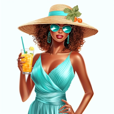 pretty black girl, Sun Straw Hat Wide Brim Summer Hat Foldable Roll up Floppy Beach Hats, pretty, holding a cocktail drink, cyan outfit, 4k, hd, clipart