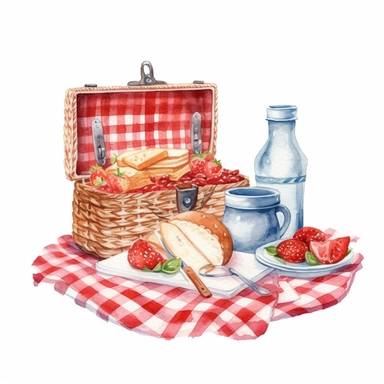 watercolour Gingham summer picnic clipart, white background, no text