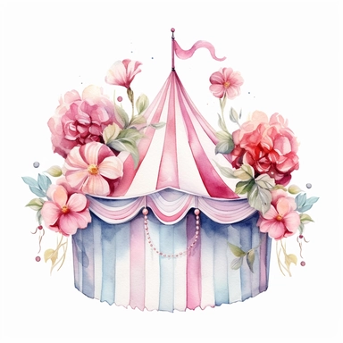 watercolor pastel circus with pink roses and delicate vines clipart white background