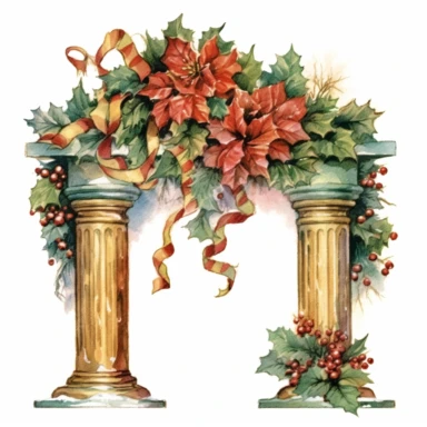 watercolor clipart of a vintage Christmas mantle, red green gold colors, isolated on white background
