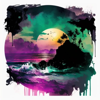 Purple Black Green Mix Paul Lehr Style Watercolor Beach Ocean Retro Sunset Clipart, Colorful and white Background -