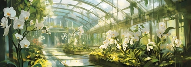 Design a 'Tourism Illustration' showcasing a serene and enchanting greenhouse filled with beautiful Vanilla orchids. It's a sunny day, the light streams through the glass, illuminating the exotic and precious Vanilla orchids hanging from their vines, with their green leaves and yellow-green flowers. The focus could be on a vanilla pod nestled amongst the orchids, already split to show the aromatic seeds inside. Let the color palette be green, warm yellows, and rich browns, to encapsulate the com