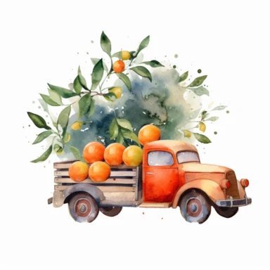 watercolor blue and red truck transfer the oranges tree and some oranges dropping along the way vector clipart, , hd, light olive, white background--s1000