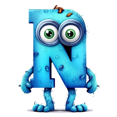 clipart style blue letter N with black line, with arms, legs and friendly cute face for children, isolated, white background,