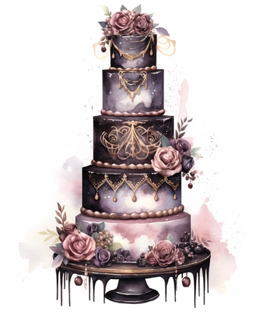 4 watercolor illustration goth wedding unicake, in the style of dark palette chiaroscuro, romantic motifs, dark maroon and bronze, matte photo, naïve, inventive, romantic floral motifs, clipart, white background