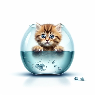 Visualize a curious clipart kitten with wide eyes and a raised paw, peering over the edge of a fishbowl, filled with anticipation and wonder against a white background.