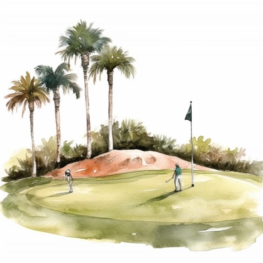 Idyllic watercolor clipart scene of a perfectly manicured putting green with flag and two golfers on a Florida golf course, isolated on a pure white background, insane detail,