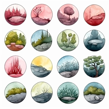 Watercolor wax seal , illustrations clipart set, simple , cartoon elements, rocks, bushes , different variants , , separate elements with a margin