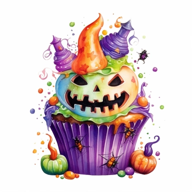 delicious Halloween cupcake with vibrant green, purple, orange, black, colours, witches hats, skulls, spiders and bats, pumpkins and candy confetti, owatercolour illustration clipart, extremely detailed, 4k, high quality, isolated on white background