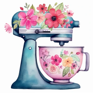 Watercolor clipart, A vintage style drawing of a Stand Mixer decorate with flowers motifs, kitchen aid style, high resolution, white background, Sublimation graphics, by Katie Daisy, Watercolor clipart, single design, single object, print on demand image, PNG transparent background, white background for removing background - - no text shadow font watermark, 8k