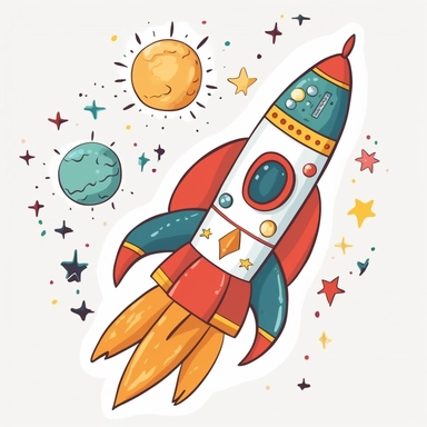 cute cartoon rocket ship, colorful, clipart, white background
