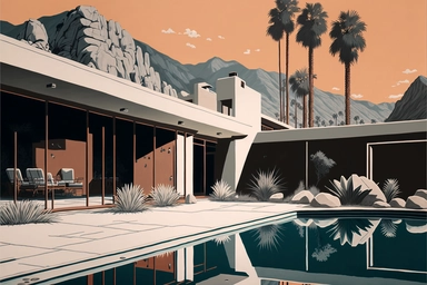 brutalist midcentury house and swimming pool in palm springs, 1960's, happy, friendly, washingtonia palms, low camera angle, pool, bob peak, letraset clipart, slim arrons