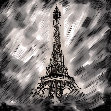 a drawing of abstract metal tower similar to the Eiffel Tower, Front view, background png clipart, in the style of expressionist chaos, burned/charred, disney animation, ilford pan f, dayak art, monochrome landscapes, radiant clusters