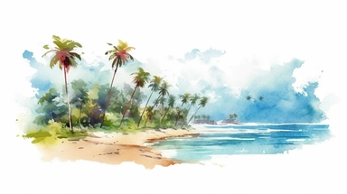 Tropical Beach watercolor illustration clipart on white background realistic photography, Higher coherence, Improved sharpness, accuracy, perfect look, perfect lighting, center of frame, ultra HD, 8k, Full body, OC renderer, sweet,sweet, dynamic background,(no unwanted borders or text artifacts)