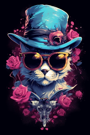 A detailed illustration a Skull of cat wearing expensive sunglasses and very cool, with gentleman hat, smoking cigar, t-shirt design, poker cards around his neck, jewlery on, t-shirt design, in the style of Studio Ghibli, pastel tetradic colors, 3D vector art, cute and quirky, fantasy art, watercolor effect, bokeh, Adobe Illustrator, hand-drawn, digital painting, highly detailed clean, vector image flat white background, isometric, vector image, clipart, front view, retro style, white background