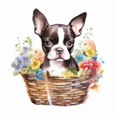 clipart watercolor, very cute Boston Terrier puppy, sitting in a basket with flowers, full body, childlike, free brushwork, white background, high solution