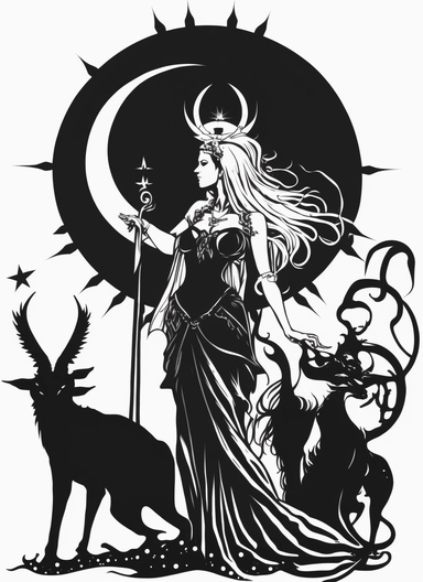 Crescent moon goddess of Magick and witchcraft, wearing a skull crown diadem, with a giant crescent moon in the background, she wears a long beautiful flowing dress with long flowing white hair, the Egyptian sun God Ra is next to her wearing egyptian garb, two jackals sit beside them, on a white background, white and black silhouette line drawing Clipart,