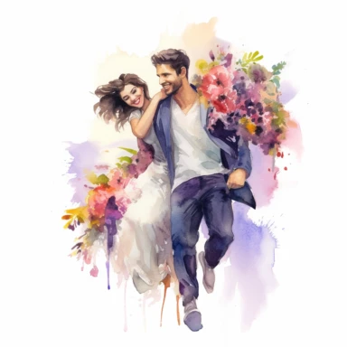 handsome GROOM, carrying his bride across a threshold adorned with flowers, entering their new life together, watercolor, Pixar style, Clipart on a white background