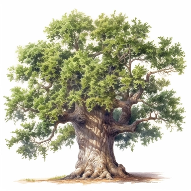 watercolor old fairly oaktree clipart, style of Pieter Wagemans, Isolated on white background,