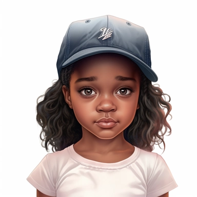 a drawing of a curious little black girl about 4 years old wearing a baseball cap and tshirt, black girl fantasy, cartoon illustrations, vector clipart, in the style of 32k uhd, lilia alvarado, walt disney, depictions of aristocracy, childlike, photorealistic details, white background
