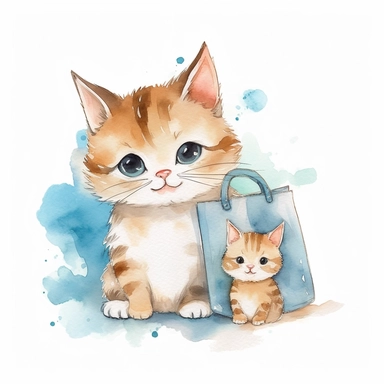 fathers day, cute cat holding bag and his baby , loving,cute, attractive,beautiful, minimal, watercolor clipart