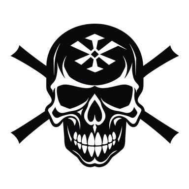 black and white silhouette of a skull and crossbones logo, clipart style, white background, thick lines, vector, simple design, flat colour, solid colour
