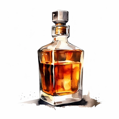 bottle of whiskey on kitchen counter water color clipart, white background