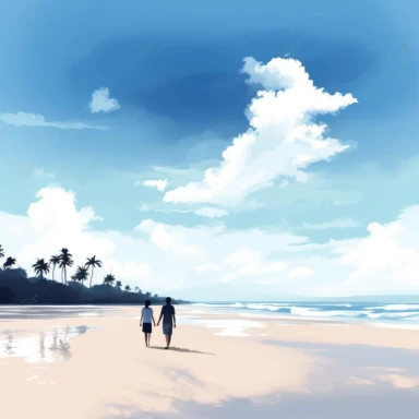 a couple strolling hand in hand on a luch tropical beach with crystal blue ocean to their left and wispy clouds in the sky on a white background for clipart