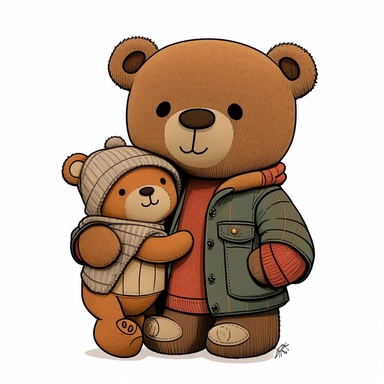 happy cute teddy bear with baby bear in arm, Clipart, southpark style, white background, no text , no caption, no watermark