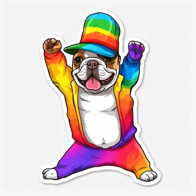 funny sticker, white background, french bulldog, funny dancing, funny rainbow hat, in style lgbtq, full body, clipart