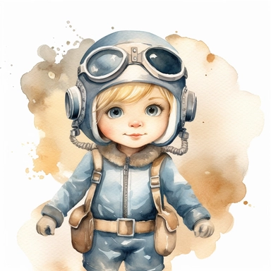 a watercolour clipart of a baby girl aviator pilot, full body, big cute blue eyes, blonde hair and simple watercolour background