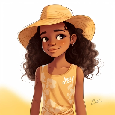 a drawing of a young little black girl wearing a baseball cap and tshirt, pretty summer sundress, black girl fantasy, cartoon illustrations, vector clipart, in the style of 32k uhd, lilia alvarado, walt disney, depictions of aristocracy, childlike, photorealistic details, white background