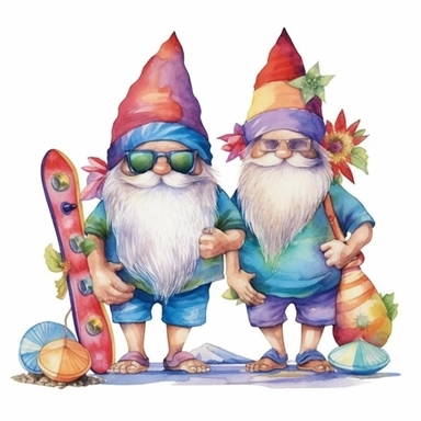 Watercolor painting clipart of gnomes ready for the beach, with flip flops, beach balls, margaritas, sunshine, towels, sunglasses, strong colors