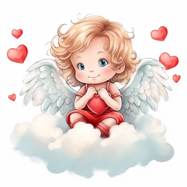 a happy cute little girl angel cupid a two year old sitting on the cloud, red heart in hands, style by Lusy Fleming, folk art, watercolor, clipart elements, smooth gradients, black contour outline, ultra detailed, white background, super clear, high quality