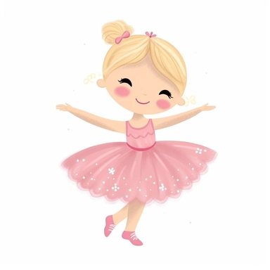 cute vector clipart of a super cute baby ballerina, pink dress, blonde dress, dancing, white background, flat colors