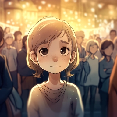 A cute little girl looking sad and standing alone in the crowd of busy street, animation, face of Kawaii girl, Watercolor Clipart, HAPPY, strybk, full Illustration, 8k, sharp focus, watercolor, smooth soft skin, symmetrical, soft lighting, detailed face, concept art, muted colors, watercolor style, strybk, chibi kawaii, Octane rendering, 3d. Perfect face, detailed face, delicate face, perfect sharp lips, detailed eyes. Craig Davison, Aubrey Beardsley, Conrad Roset, Aikut Aidogdu, Agnes Cecil