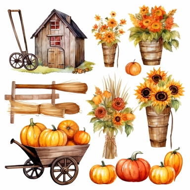 Set of autumn farm elements and products isolated on white background.Hand-drawn farmhouse collection. Watercolor collection of pumpkin,sunflower, rustic wheelbarrow, signpost,hay, basket,watering can. Clip art delicate colours