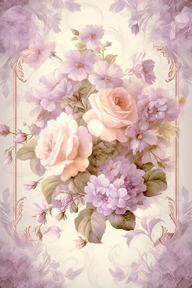 Vintage shabby damask clipart vignette with delicate floral patterns along the sides and corners of the image, small cute bright oil painting vignette with beautiful roses and blooming lilacs, light pastel tones in the center of the image,