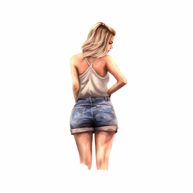 glamour model posing, blonde hair, hotpants, full length, her back is facing the camera, her head is looking to the right, her hair up is up in a ponytail, watercolour style, fine details, 8k clipart png transparent