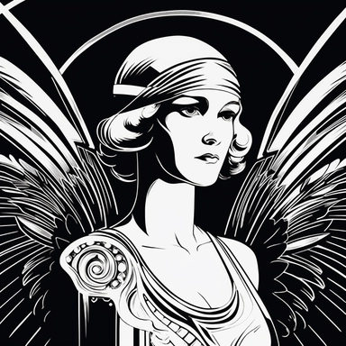 sketch clipart of 20s poster angel, hd, white on black background, spaced out,--ar 3:2