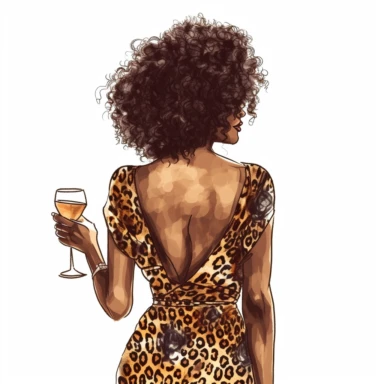 african american curvaceous light skinned woman with curly hair shown from the back holding a glass of wine in her right hand wearing a leopard print spaghetti strap dress clipart