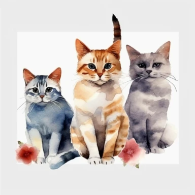 6 watercolor clipart cats,on lovely white backgroundspaced ,spaced out ar 3:2
