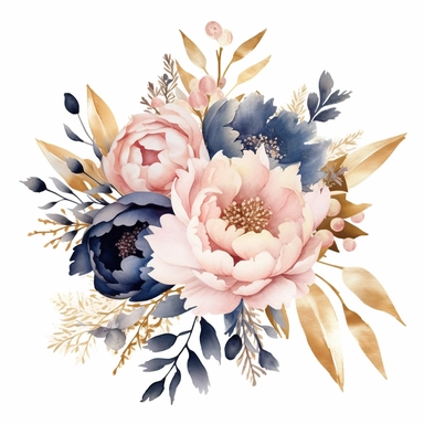 wedding floral clipart, watercolor, pink and golden and navy blue colors, pink and white peonies, isolated on blush pink