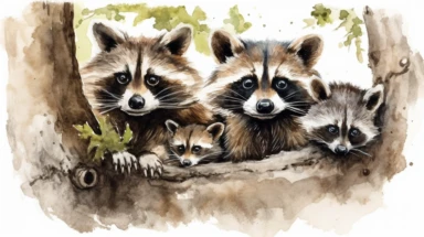 Curious Raccoons: A family of raccoons peeking out from behind a tree, with one raccoon looking directly at the viewer - cute and adorable watercolor illustration with photorealistic high details clipart, white background