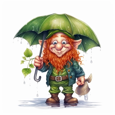 Cute Adorable magical little leprechaun with a cylinder hat and a red beard holds laterally a umbrella in his hand wears a raincape and stand in the rain on a country road, clipart, photorealistic illustration, watercolor, high detail, 8k polished, 8k, vibrant colors, white background