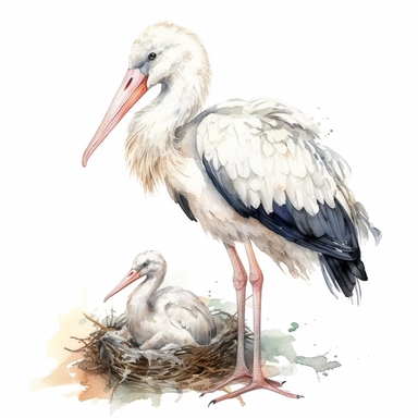 watercolour illustration of mother and baby stork, highly detailed clipart