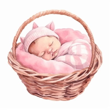 watercolor clipart, minimal, cute newborn baby sleeping in a basket, pastel pink color, white background illustration
